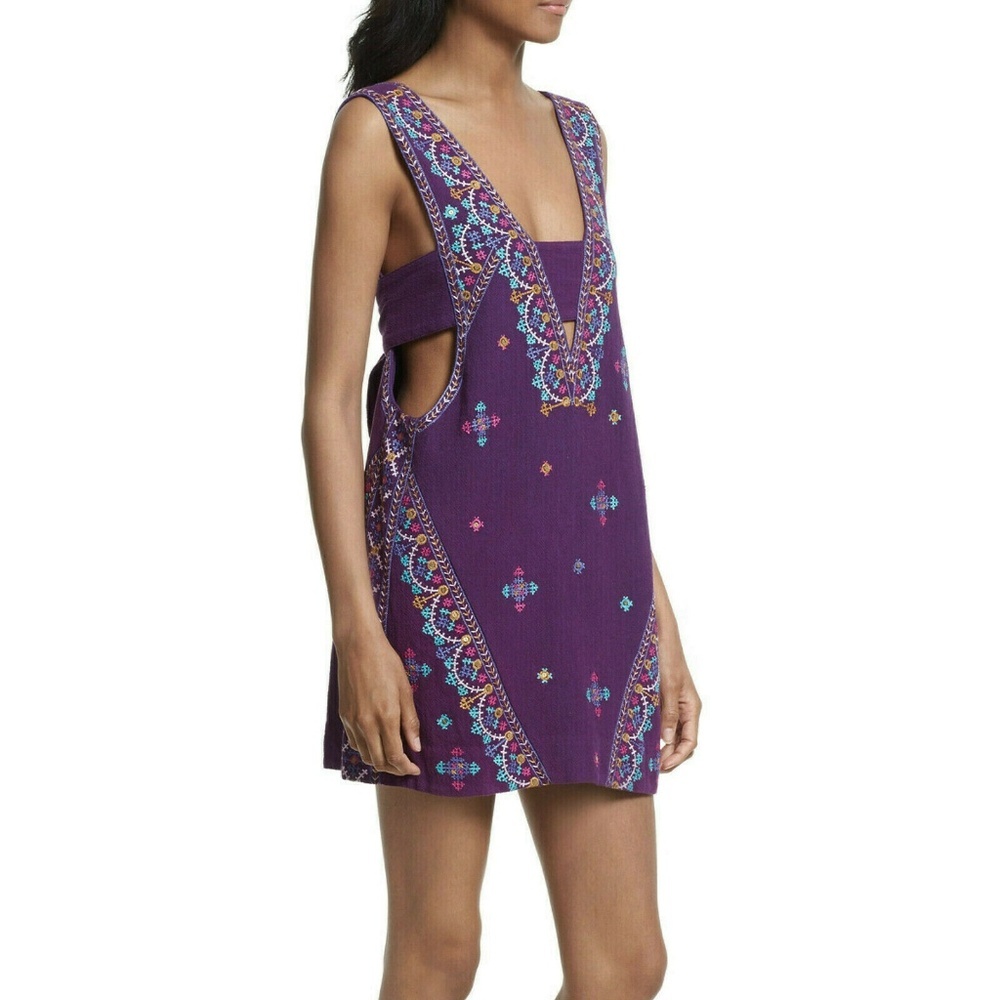 NWT Free People Never Been Purple Embroidered Tie Back Tank Dress Mini Cutout - Picture 5 of 6